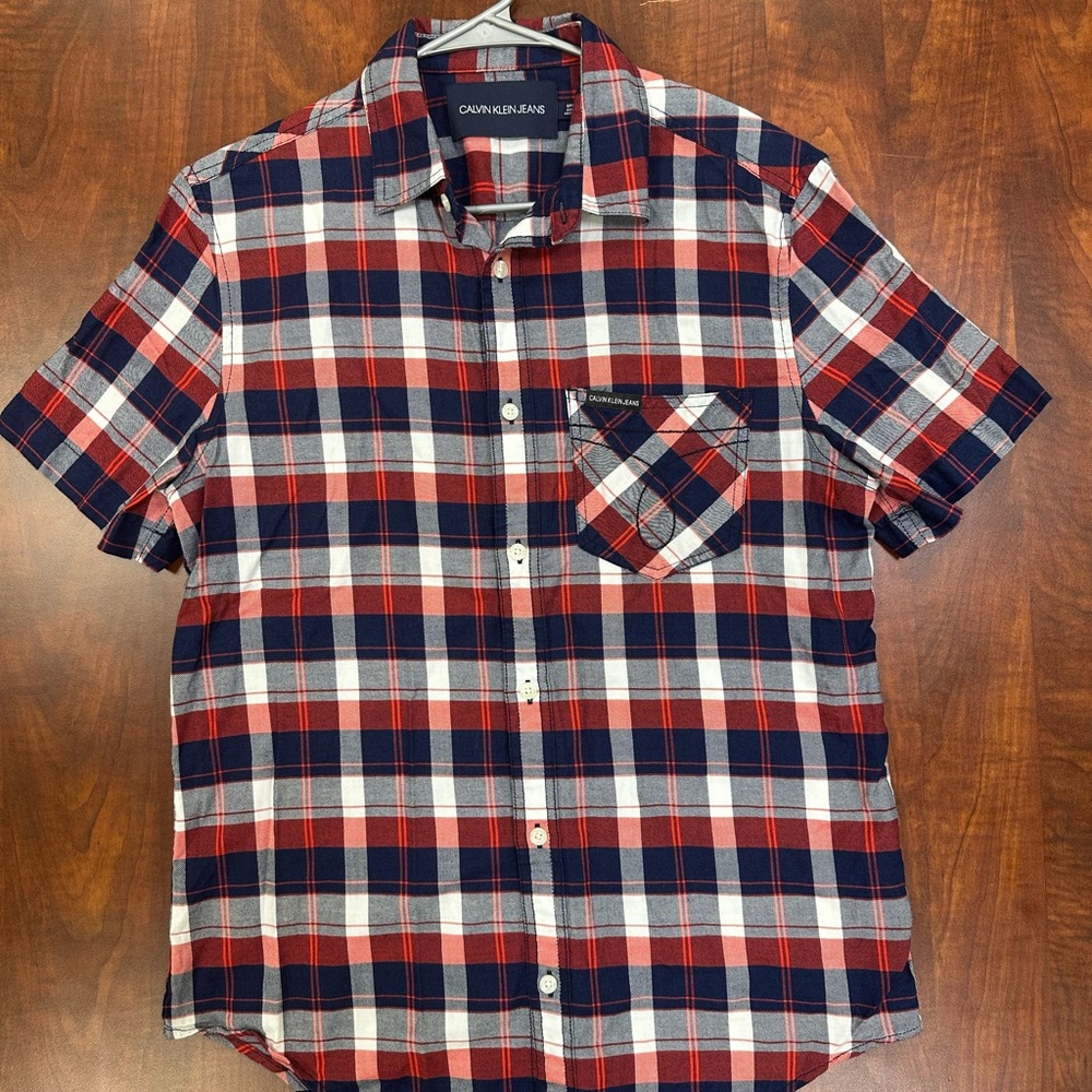 Calvin Klein Red and Blue Casual Button Down Shirt- Worn Once- Like New